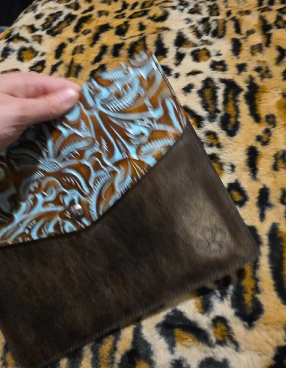 Patricia Nash Brown Leather Clutch with Turquoise Tooled Flap